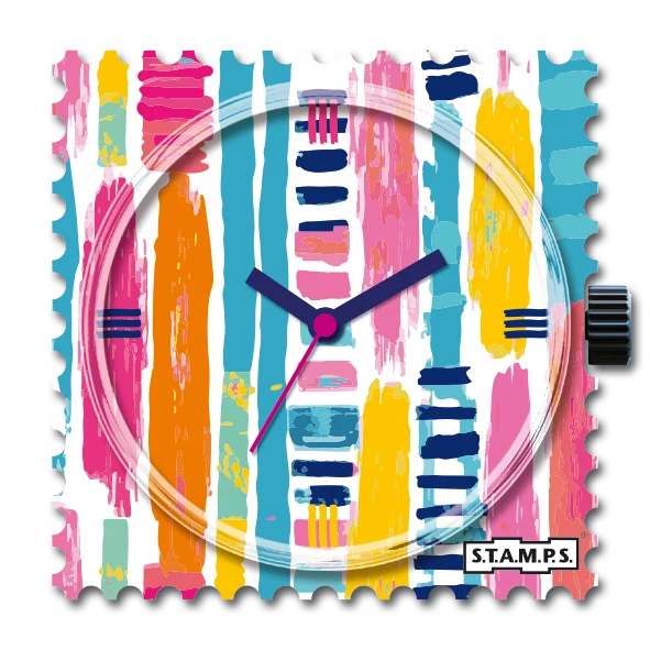 S.T.A.M.P.S. Lattice horlogeklokje met verticale roze, turquoise, gele en oranje strepen en donkerblauwe accenten