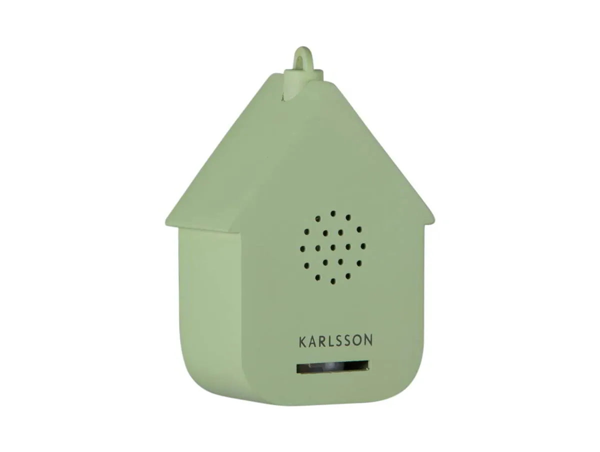 Zijaanzicht van de strakke minimalistische Karlsson mini cuckoo sound box in de kleur mat groen.
