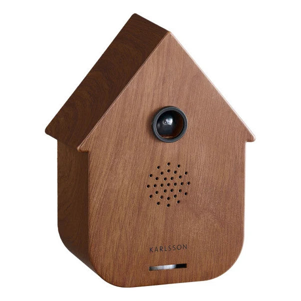 Zijaanzicht van de strakke minimalistische Karlsson cuckoo sound box in donkere houtkleur.