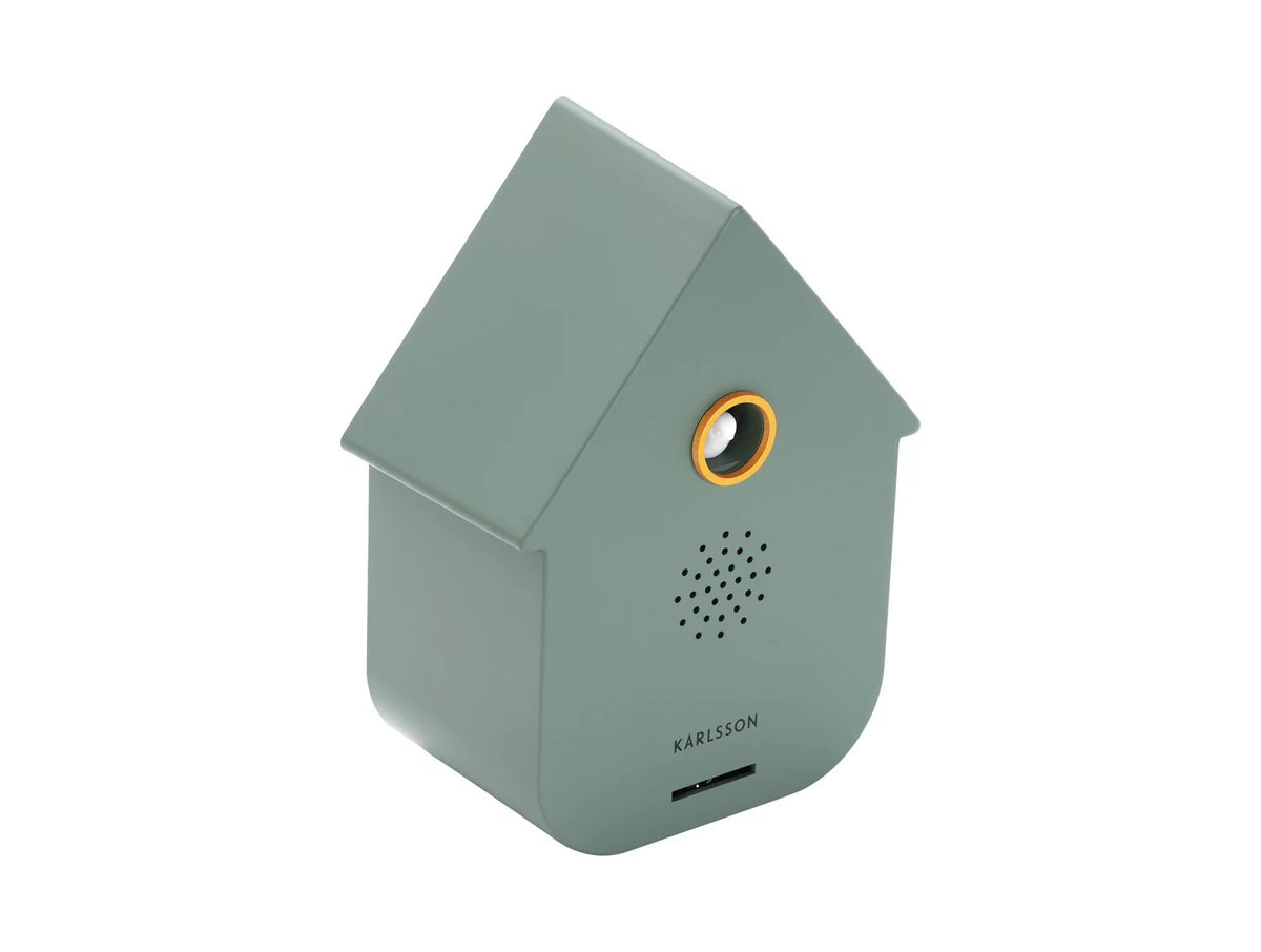 Zijaanzicht van de strakke minimalistische Karlsson cuckoo sound box in de kleur groen