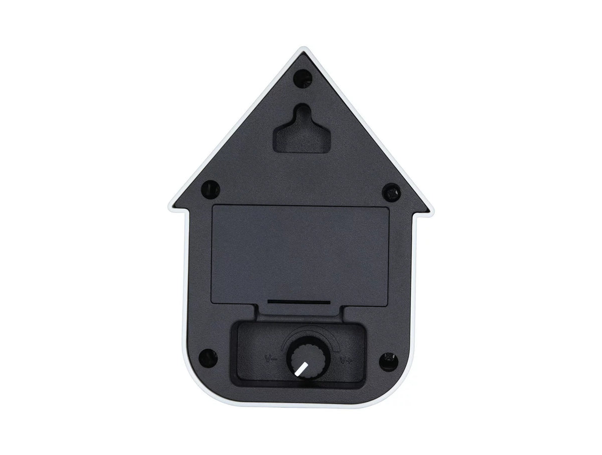 Achterzijde van de zwarte Karlsson Modern Cuckoo soundbox met het batterijvak en de volumeknop