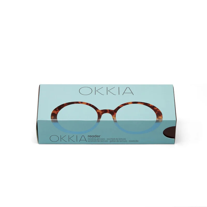 De originele en luxe cadeauverpakking van de Okkia Laura Havana Blue leesbril