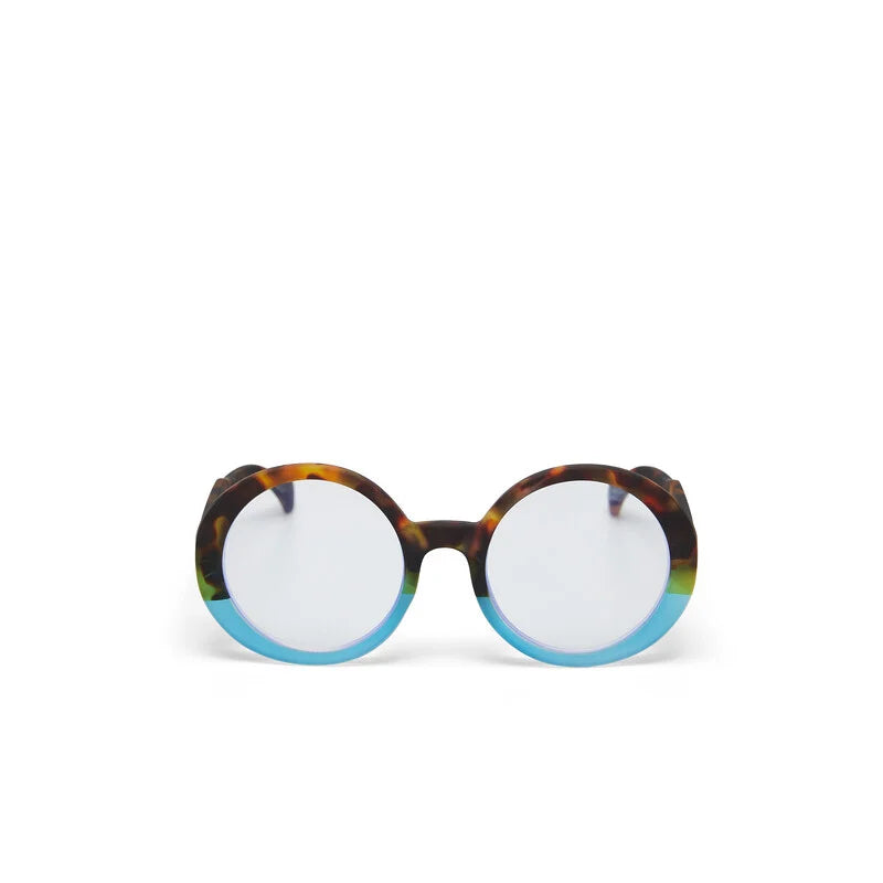 Uitgeklapte Okkia Laura Havana Blue unisex leesbril recht van voren gefotografeerd
