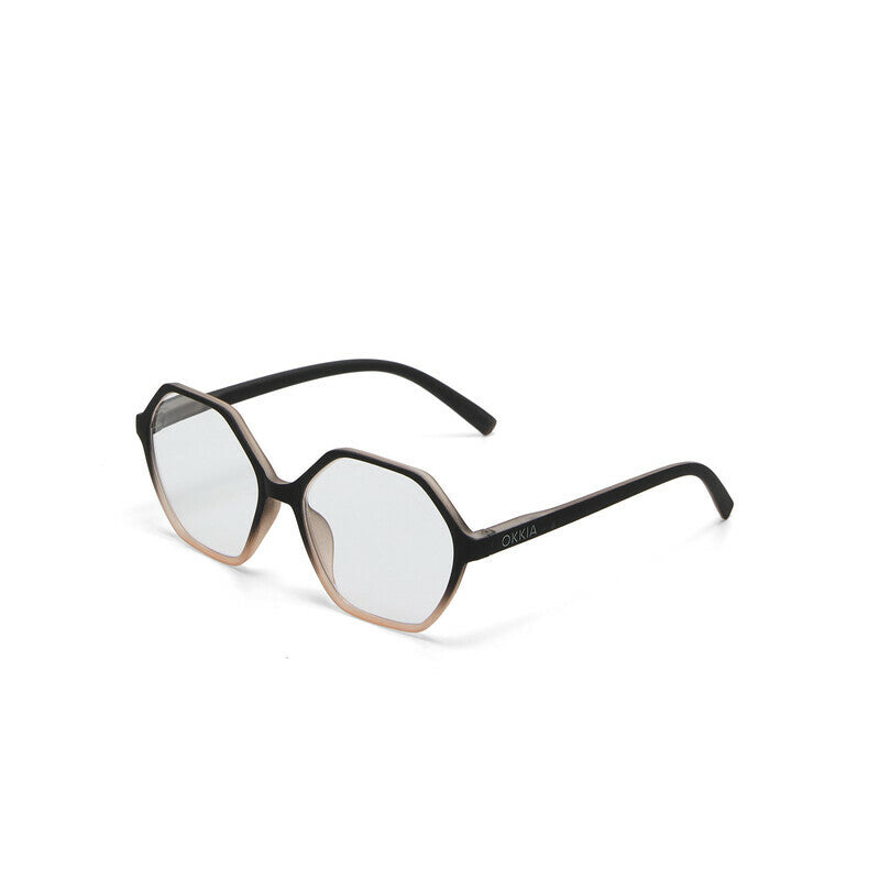 Zijaanzicht van de uitgeklapte Okkia Venezia Black Pink leesbril, tonend het tweekleurige frame en de pootjes.
