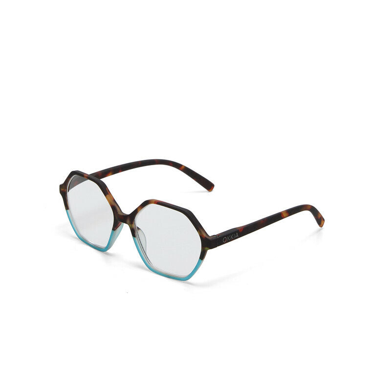Zijaanzicht van de opengeklapte Okkia Venezia Havana Blue leesbril, tonend het montuur en de pootjes.