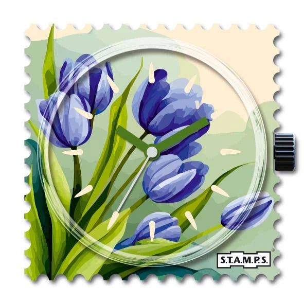 S.T.A.M.P.S. Bunch Of Tulips horlogeklokje met blauw-paarse tulpen en groene bladeren