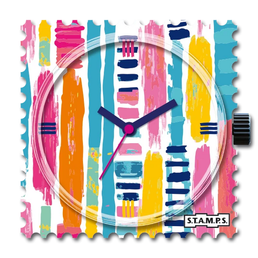 S.T.A.M.P.S. Lattice horlogeklokje met verticale roze, turquoise, gele en oranje strepen en donkerblauwe accenten