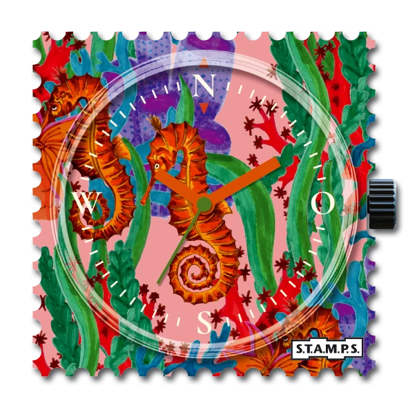 S.T.A.M.P.S. Seahorse horlogeklokje met oranje zeepaardjes tussen groene zeewierbladeren op een kleurrijke wijzerplaat