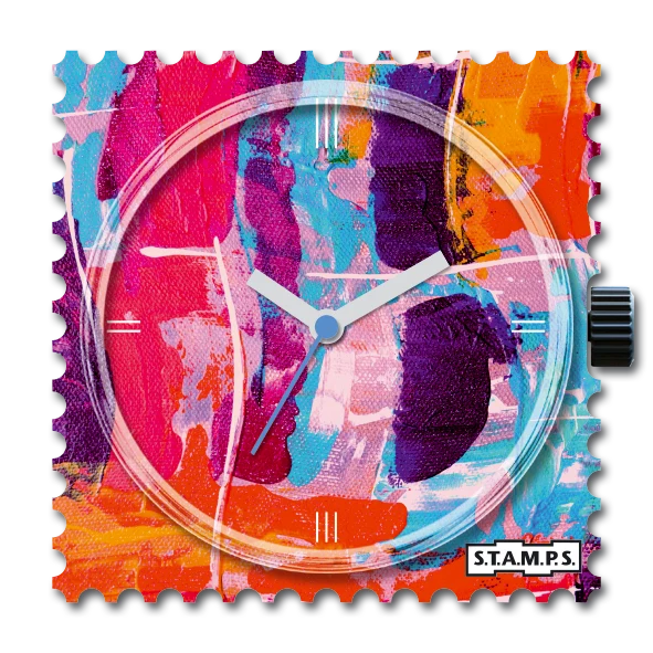 S.T.A.M.P.S. Symphony horlogeklokje met abstracte kleurvlakken in roze, turquoise, paars en oranje
