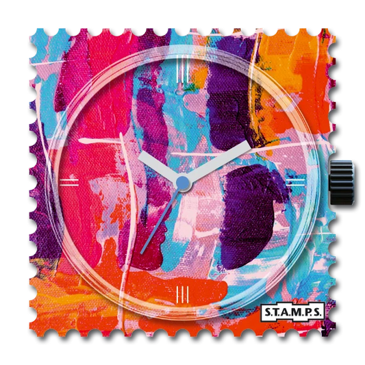 S.T.A.M.P.S. Symphony horlogeklokje met abstracte kleurvlakken in roze, turquoise, paars en oranje