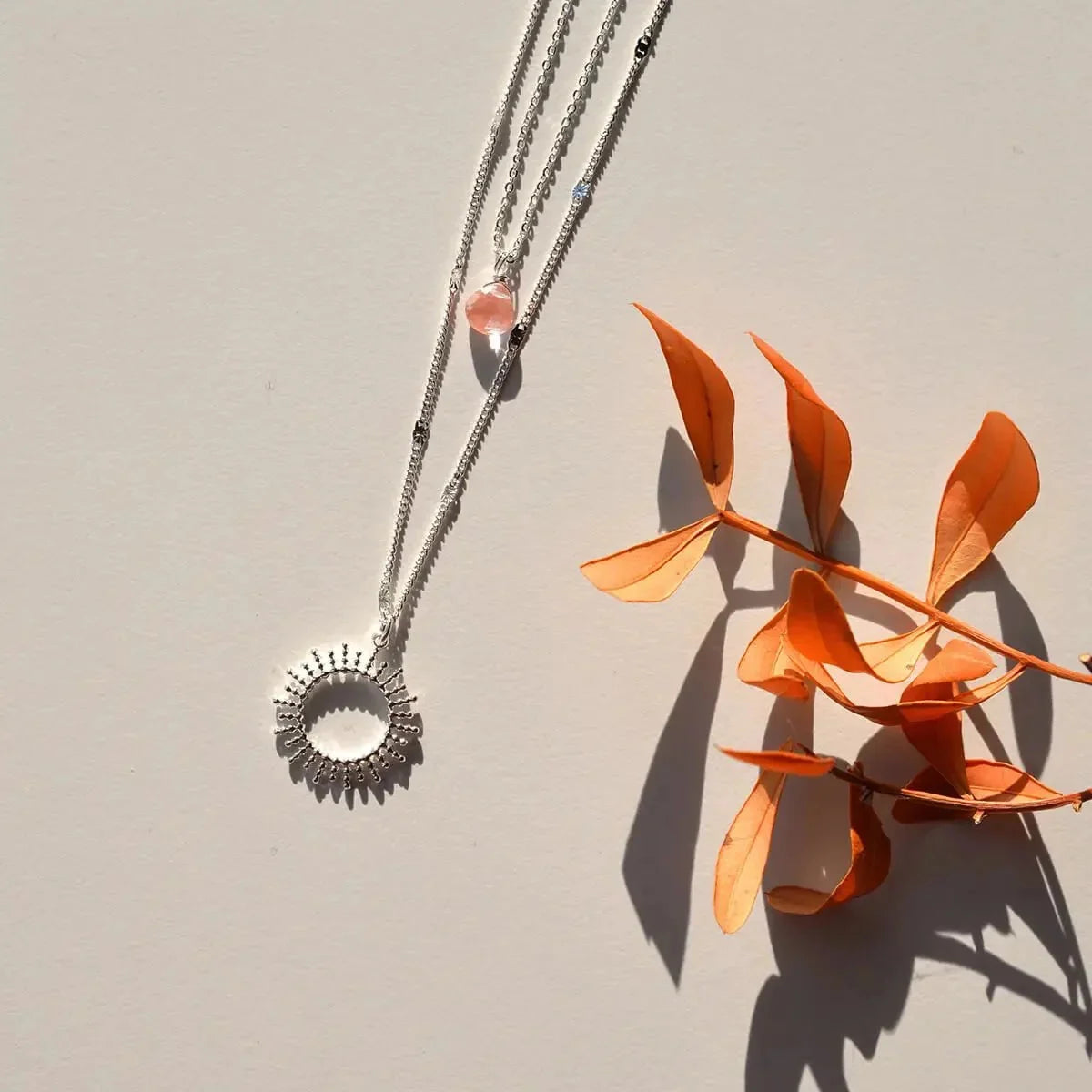 Sfeerfoto van de zilverkleurige Vinoos ketting Zon Lichtroze Congratulations met glazen kraal naast een droogbloem